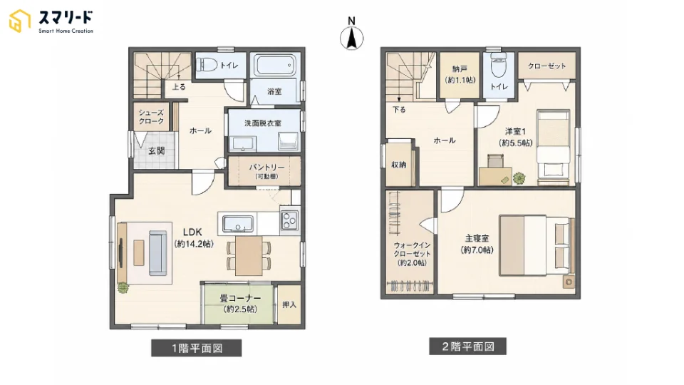 畳コーナー付き2階建てプランの間取りイメージ