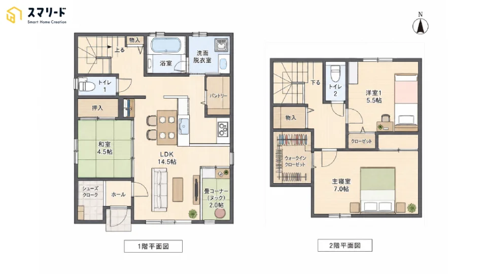 ワークカウンター付き2階建てプランの間取りイメージ